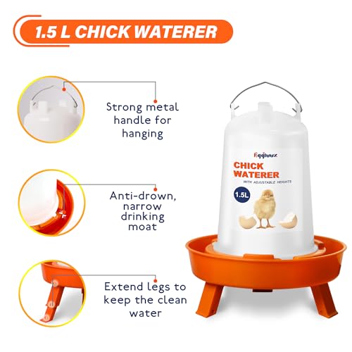 Eggluuz Chick Feeder and Waterer Set, Top Fill 3kg Chick Feeder and 1.5L Chick Waterer with 3 Adjustable Heights