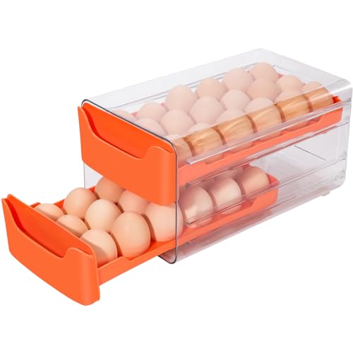 36-Egg Holder for Refrigerator, 2-Tier Stackable Egg Dispenser, Orange | 36-egg double-layer refrigerator organizer with smooth sliding drawers, clear PET body, and anti-slip silicone pads. - color: Orange