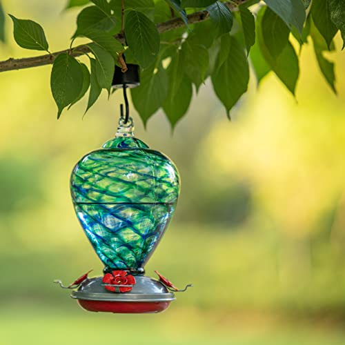 2 Packs Hummingbird Feeder for Outdoors Hanging Ant and Bee Proof, 34OZ 32OZ Hand Blown Glass Hummingbird Feeders for Outside (Blue & Flame) | LaElvish Garden 2 Packs Hummingbird Feeder for Outdoors Hanging Ant and Bee Proof, - color: Blue & Flame