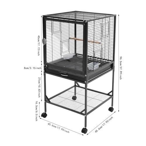 Bird Cage, 17.95 x 17.95 x 38 Inch Mobile Bird Flight Cage Large Metal Parakeet Cage w/Slide-Out Tray & Storage Shelf for Budgerigars Lovebirds Kea Parrots & Sun Conures - color: Black, size: 18.0"L x 18.0"W x 38.0"H