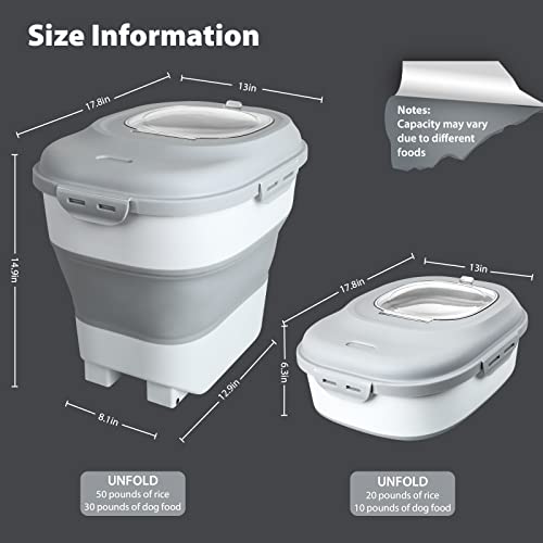 Viretec Cereal Rice Storage Containers, 20 to 50Lbs Collapsible Dry Food Dispenser Bins with Airtight Flip Lid Rolling Wheel, Kitchen Pantry to Store Sugar Flour, Dog Pet Cat Food Holder Container - color: White