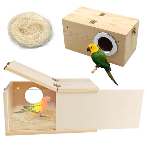 PINVNBY Wooden Bird Nesting Box with Transparent Visual Window,Parakeet Nest Breeding Box with Detachable Board Acrylic Cockatiel House for Budgie Lovebird Conure Parrot (L) - size: Large