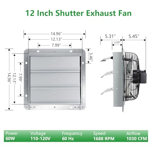 Shutter Exhaust Fan with Thermostat & Speed Control, 1030 CFM,1688RPM, Upgrade 12 inch Wall Mount Attic Vent Fan for Chicken Coops, Greenhouse, Gable, Barn, Garage, Shed Ventilator - color: With Speed Control & Thermostat, size: 12inch