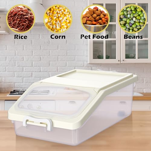 3 Pcs Rice Storage Container 11 lb Airtight Flour Container with Wheels Measuring Cup Clear Pet Food Dog Cat Birds Food Bin Grain Cereal Organizer Box for Dry Baking Supplies(Milky White) - color: Milky White