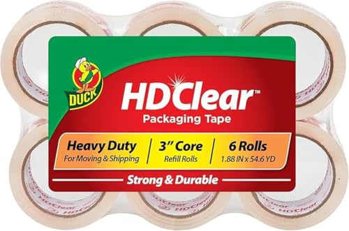 Duck HD Clear Packing Tape Refills-6 Rolls of Heavy Duty Shipping and Moving Packing Tape-Clear Strong Packaging-Tape for Boxes,Packing-and Moving Supplies-1.88 in. x 54.6 Yards (441962),(Pack of 6) - size: 36 Rolls