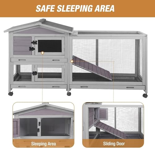 Bunny Cage Indoor and Outdoor Rabbit Hutch with Casters Waterproof Roof, Pull Out Tray from Back and Front 61.2" L x 22.6" W x 33.5" H - size: 61.2"L x 22.6"W x 33.5"H