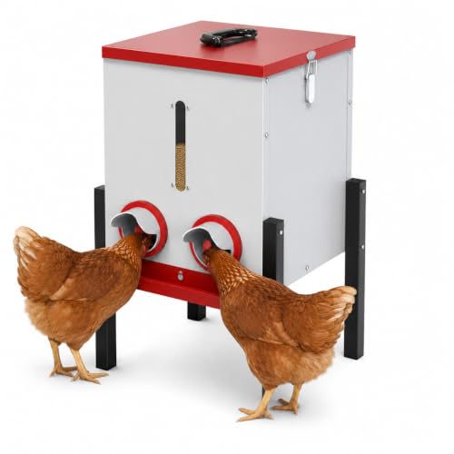 PETNF 55LB Automatic Chicken Feeder, 40L Metal No Waste Poultry Feeder with Rat-Proof Design, 4 Feeding Ports, Weatherproof Locking Lid, Height-Adjustable Legs for Chickens, Ducks and Geese