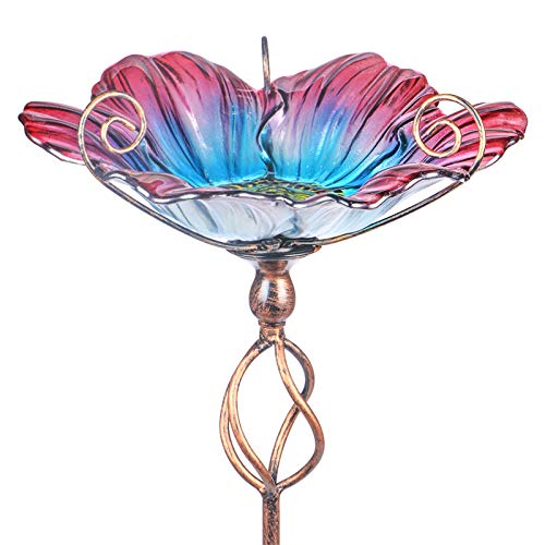 Glass Birdbath Birdfeeder with Metal Stake Garden Yard Outdoor | 31inch height stain glass bird bath for outside, flower bird bath bowl,attract wild birds and beautify outdoor gardens - color: Multi
