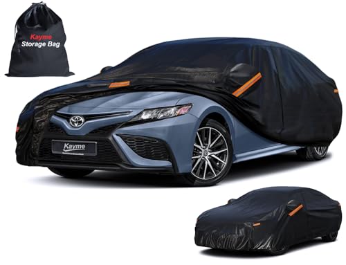 Kayme Sedan Car Cover Waterproof All Weather - See Size Chart - Size A4 | Accurate Fit, Heavy Duty for Automobiles, Outdoor Sun Rain Snow UV Protection. Soft Cotton, Driver Door Zipper, Storage Bag - color: PE-Black, size: 2 A4 Fit Sedan-Length (186" To 1