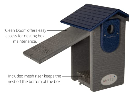 Ultimate Eastern and Western Bluebird House with Universal Mounting Pole Kit - Garden Birdhouse and Pole Combo (Blue and Gray)