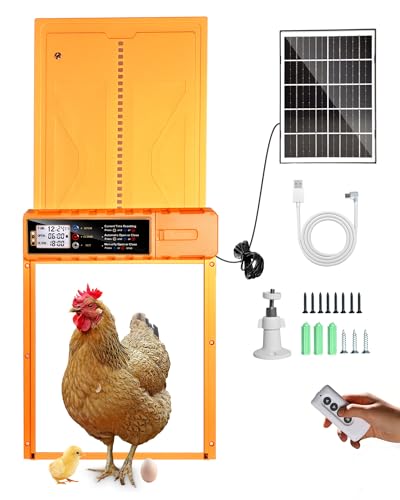 Automatic Chicken Coop Door Solar Powered/USB Charging, 14.3″ x 10.9″ | Orange Auto Chicken Door with Secure Hidden Cable Slot, Anti-Pinch & Aluminum Alloy, LCD Timer & Remote Control,