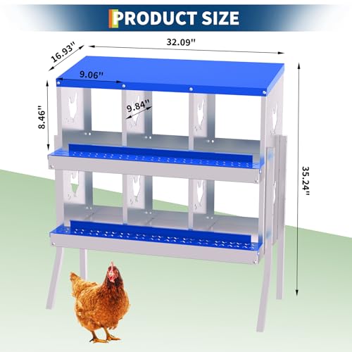 Chicken Nesting Box, 6 Compartment Galvanized Steel Chicken Laying Boxes, Heavy Duty Rustproof Chicken Coop with Easy Egg Collection for Backyard Farms - with Bracket Legs, Blue - color: blue, size: 46.1"L x 17.3"W x 8.5"H