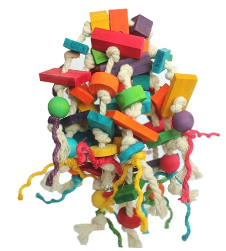 Colorful Parrot Chew Toy for Aggressive Chewers (Large) | Durable Bird Toy with Wood Blocks & Cotton Rope, 37cm Hanging Foraging Toy for Small to Large Parrots