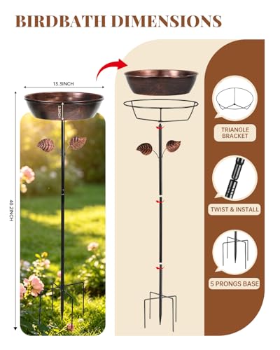 3.2In Deep Metal Bird Bath 40In High for Outside with 5 Prongs Base Stake | Free Standing Bird Feeder, Vintage Freestanding Birdbaths & Birdfeeder, for Yard Lawn Decor, Bronze, Adjustable Height
