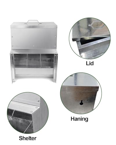 Galvanized Chicken Feeder - 25Lbs Outdoor Waterproof Metal Feeder with Lid, Coop Food Dispenser No Waste for Chicken, Haning or Stand