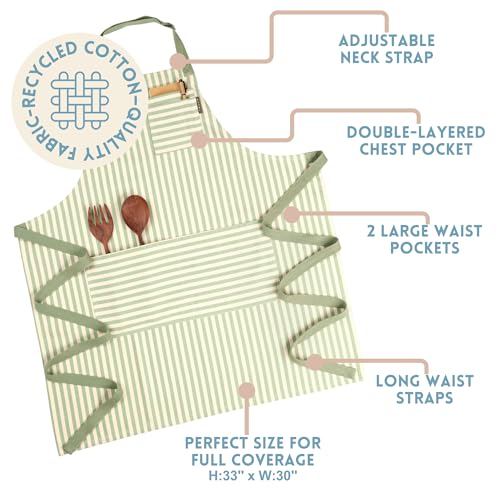 Chef Aprons for Women with Pockets, Adjustable Bib Aprons for Cooking - color: Sage Green Striped