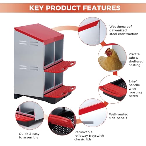 Double Tier 4 Holes Chicken Nesting Boxes for Laying Eggs, Wall-Mounted & Floorstanding Nesting Boxes for Chickens Ducks Geese, for Farm Backyard Chicken Coops, Red - color: Red, size: 4 Holes & 2-tier