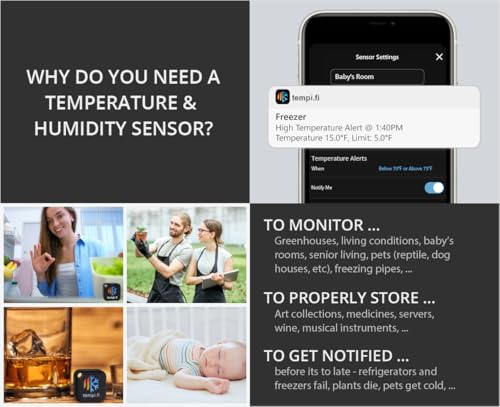 Wireless Temperature and Humidity Sensor - Developed in The USA - 24/7 Data Logger with Alarm – Bluetooth Smart Thermometer and Hygrometer - Bluetooth Only - Not WiFi