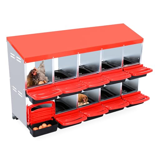 GarveeHome 2-Tier Chicken Nesting Box, 10 Compartment Metal Chicken Laying Boxes with Waterproof Roof ＆ Removable Trays for Hens, Poultry，Easy Egg Collection - color: Red, size: 10 holes
