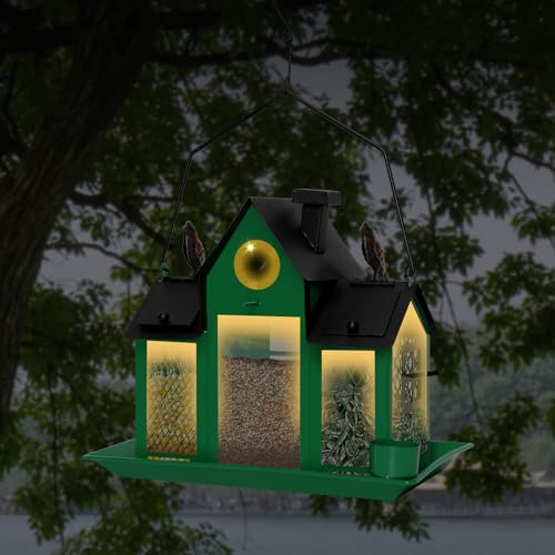 Solar Bird Feeders House for Outdoors Hanging, 7LBS Large Capacity Metal Wild Bird Feeder Squirrel Proof for Outside with Water Cup, Cardinal Birdfeeder Birdhouses Gift for Bird Lovers (Green) | Green,Wild Metal Bird Feeder,7LBS Large Capacity with Water