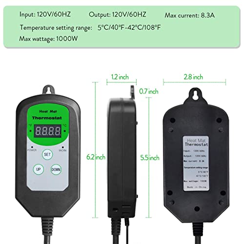 Digital Heat Mat Thermostat Temperature Controller (EMC Certified) for Seed Germination, Reptiles and Brewing Breeding Incubation Greenhouse, 42 °F to 108 °F/ 5 ℃ to 40 ℃, 1000W - size: Thermostat