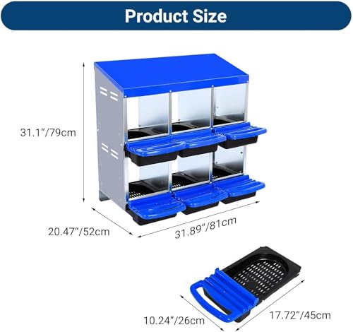 6-Hole Chicken Nesting Box with Removable Lid, Metal Chicken Coops with Roll Away Design/Easy Egg Collection/Ventilation Holes, for Chickens Coops, Duck and Hens - color: Blue, size: 6 holes without legs