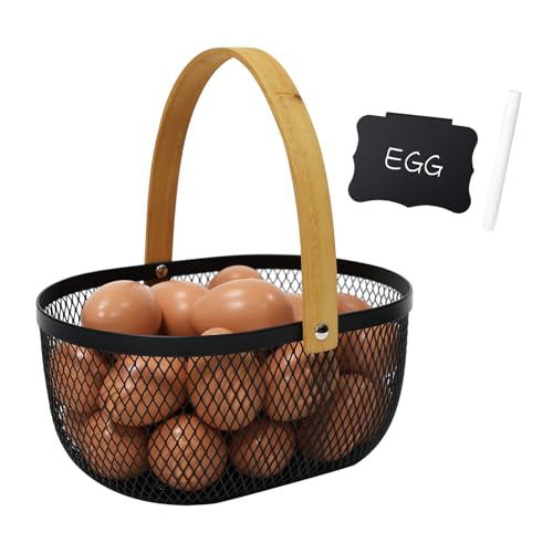 Farmhouse Egg Baskets for Gathering Fresh Eggs, Oval Metal Egg Collecting Basket Egg Holder with Wooden Handle, Countertop Kitchen Decor
