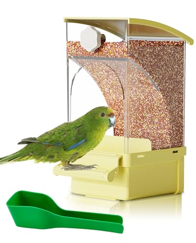 Hamiledyi Automatic Bird Feeder No Mess Bird Cage Feeder Transparent Acrylic Parrot Seed Food Container with Perch Cage Accessories for Parakeet Finch Lovebirds Budgies Canary (Yellow) - color: Yellow Transparent