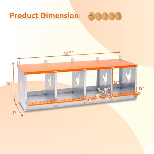 4-Bay Metal Nest Box for Chickens Wall Mount, Galvanized Steel Hen Laying Box with Hen-Shaped Vent Holes, Includes Coconut Fiber Pad, Easy to Clean & Assemble (Orange/Silver) - size: 42.5” L x 17” W x 15” H