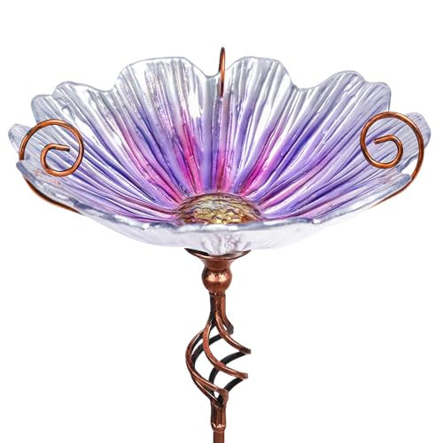 Glass Birdbath Birdfeeder with Metal Stake Garden Outdoor Purple | 31inch height stain glass bird bath for outside,Purple flower bird bath bowl,attract wild birds and beautify outdoor gardens - color: Purple