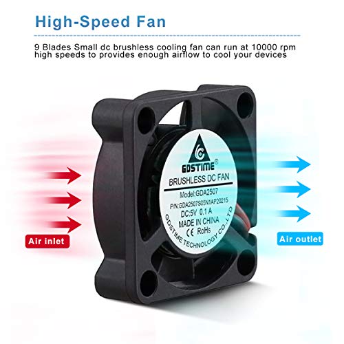 GDSTIME 25mm 5V Fan 25x25x7mm 2-Pin Mini Brushless DC Cooling Fans 2-Pack | for Raspberry Pi, Tight Space, DIY Projects - 10000 RPM, PH2.0-2Pin, 2507