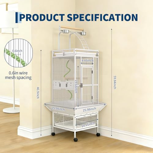 Garvee 60in Large Bird Cage, Rolling Parakeet Cage with Play Top, Bird Rope Perche, Big Bird Cages for Parrots, Parakeets, Cockatiels, Conures-White