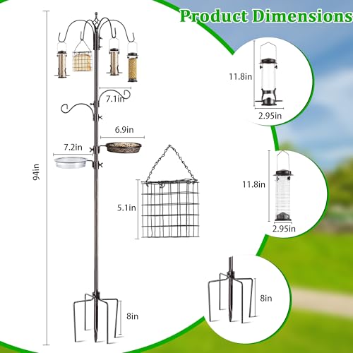 Bird Feeding Station Kit, 94-Inch, 6-Hook Metal Bird Feeder Pole | Bird Bath Bowl, Mesh Seed Tray, Freestanding 5-Prong Base, Removable Parts, Easy Assembly, for Patio, Lawn and Garden - size: 94 Inches without Squirrel Baffle