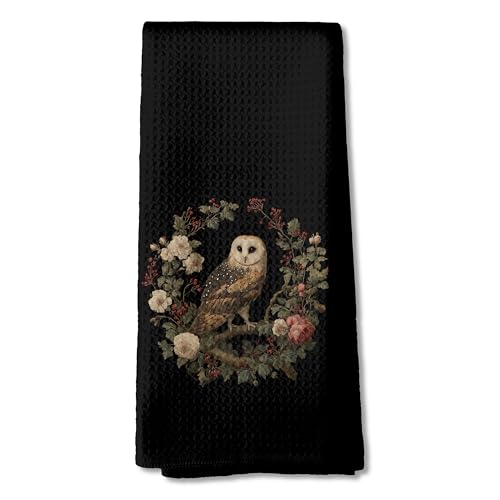Dark Moody Floral Owl Kitchen Towels, Owl Lover Gifts, Dark Cottagecore Botanical Bird Dish Tea Towels for Kitchen Decor, Vintage Gothic Hand Towel for Bathroom, 16x24 Inch - color: 02color