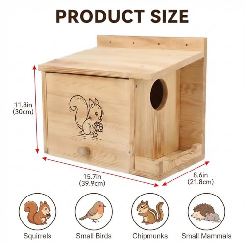 Extra Large Squirrel Houses for Outside 15.7" Outdoor Nest Box with Feeder | Carbonized pine wood, anti-predator design, Mounts on tree or fence. 2-in-1 shelter and feeder for backyard wildlife - size: L