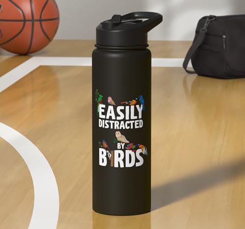 Easily Distracted By Birds Funny Bird Watcher & Birdwatching Stainless Steel Insulated Water Bottle - color: Black