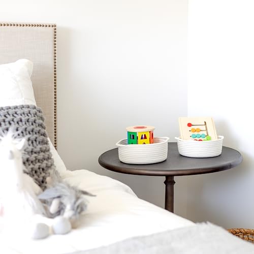 5-Piece Round Woven Cotton Rope Storage Baskets for Organizing, Small Shallow Nesting Set for Montessori Toys, Entryway Catchall, Fruit Bowl, Key Tray, Remote Holder, Nursery & Pet Toys - color: Off White