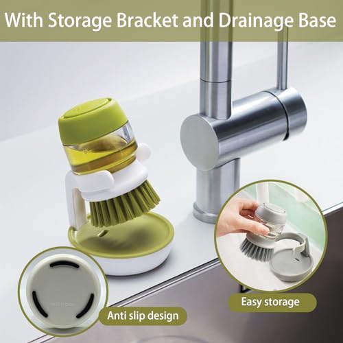 Soap Dispenser Dish Brush Palm Brush Scrub Brush Equipped with Storage Bracket and Drainage Base,Easy to Clean Kitchen Utensils and Sink, Includes a Replaceable Brush（Green） - color: Green