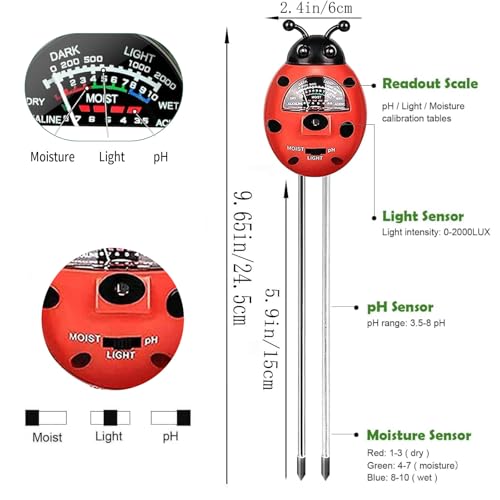 Ladybug Shape 3-in-1 Soil Moisture/pH/Light Meter, Soil Moisture Meter, Soil Test kit, Soil Tester with Moisture,Light,and pH Test for Indoor & Outdoor Use for House Plants, Garden, Lawn, Farm - color: RED