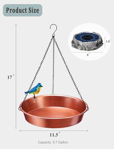 Hanging Bird Bath with Solar Fountain & Water Pump, 11.5” Antique Copper Finish Metal Birdbath Bowl, Rock Design & Solar Panel – Outdoor Garden Decor Yard Art
