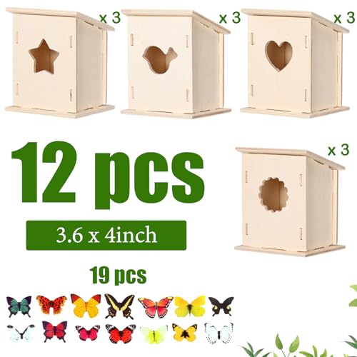 Outus 12 Pcs Wooden Birdhouse Craft Kits to Build, 4 Shapes Wooden Unfinished Bird House with Butterfly Sticker for and Arts Crafts Bulk Painting Kits(Stylish) - style: Stylish