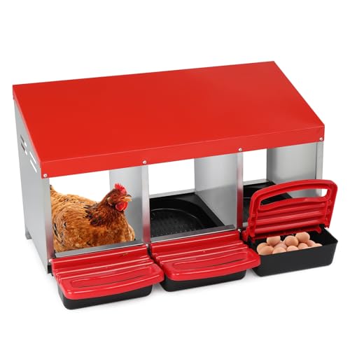 Outvita 3-Compartment Chicken Nesting Boxes with Roll-Away Eggs, Red | Swing Perch and Egg-Laying Box Design Support Chicken Coop Use and Poultry Nesting - color: Red, size: 31.9"L x 20.5"W x 18.5"H