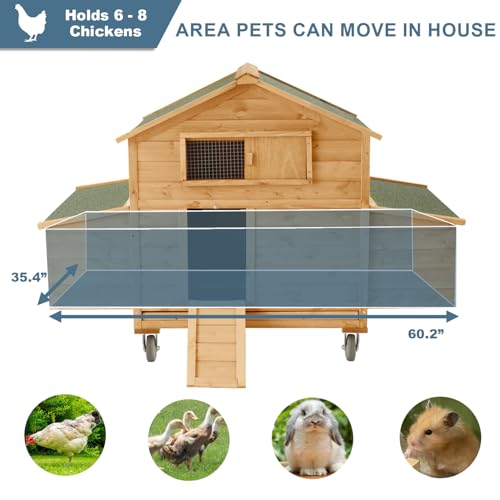 Large Chicken Coop with Wheels, Waterproof Outdoor Hen House for 6-8 Chickens, Movable Chicken House with Two Nesting Box, Removable Tray, PVC Cover, Wooden Duck Coop Rabbit Hutch - size: 60.2"L x 32.6"W x 57.8"H