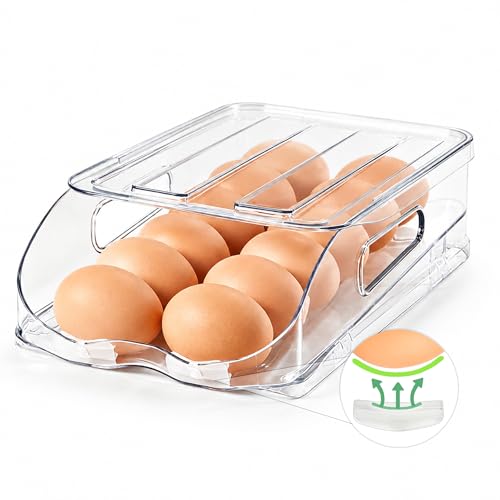 SMRCAD 12-Egg Dispenser with Silicone Bumpers, Auto-Rolling, Stackable | BPA-free food-grade PET | Stackable with lid | Built-in handle | Fits Large to Jumbo Eggs | Hand wash only - size: 1 Layer Holder 12 Eggs(M SIZE)
