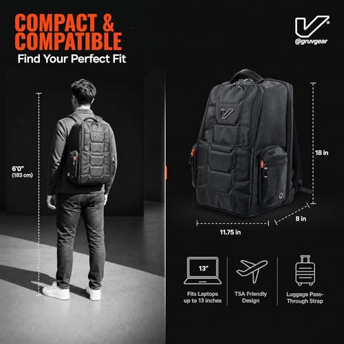 Gruv Gear Travel Laptop Backpack, 20L Black Tech Backpack with Modular Storage Shelves, Dual Access Pockets & TSA-Friendly Design, Compact Carry-On Backpack for Work, Travel & Everyday Carry - color: Black/Orange