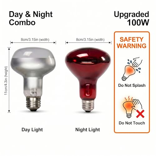 2Pack 100W Reptile Heat Lamp, Day & Night Basking Lamp Combo | UVA Daylight Heat Bulb & Infrared Red Night Heating Light, Terrarium Heat Lamps for Reptiles, Bearded Dragon, Lizard, Chicken