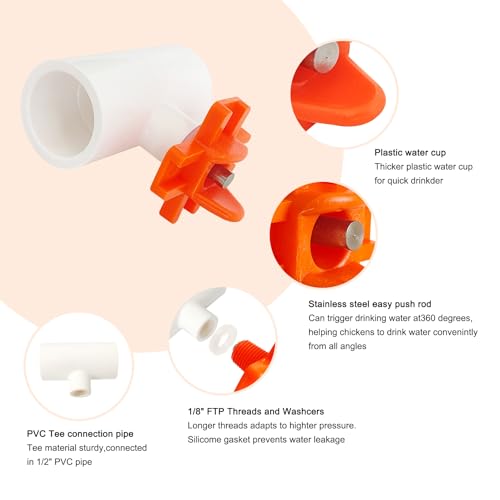 Horizontal Chicken Waterer Nipples with 1/2 PVC Tee Fittings DIY Automatic Chicken Watering System Kit (Orange, 8Pcs) - size: 8