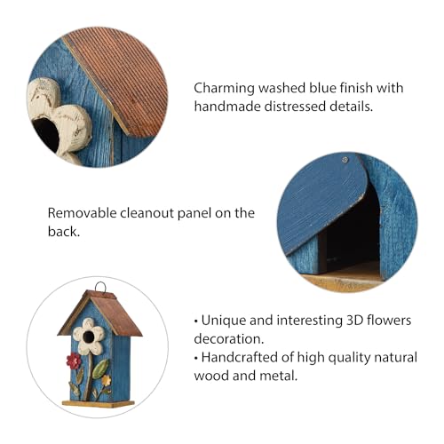 Glitzhome Hanging Bird House for Outdoor, 10.2" H Decorative Birdhouse Pet Cottage Distressed Wooden Bluebird House with 3D Flowers for Outdoor Patio Garden, Washed Blue - color: 10.2"H Flower Washed Blue