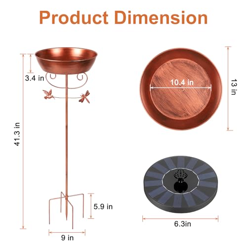 Metal Bird Bath for Outside Solar Powered Bird Bath Fountain, Freestanding Birdbath Feeder Bowl for Outdoor Garden Patio Yard Lawn Decor, Bronze, 41 in