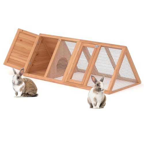 Rabbit Hutch, Small A-Frame Chicken Coop Outdoor w/ 2 Door & Run Cage(Wood) | Wooden Triangle Quail Hutch w/ Ventilating Wire Poultry Hutch for Small Animal Quail Cage Backyard - color: Wood